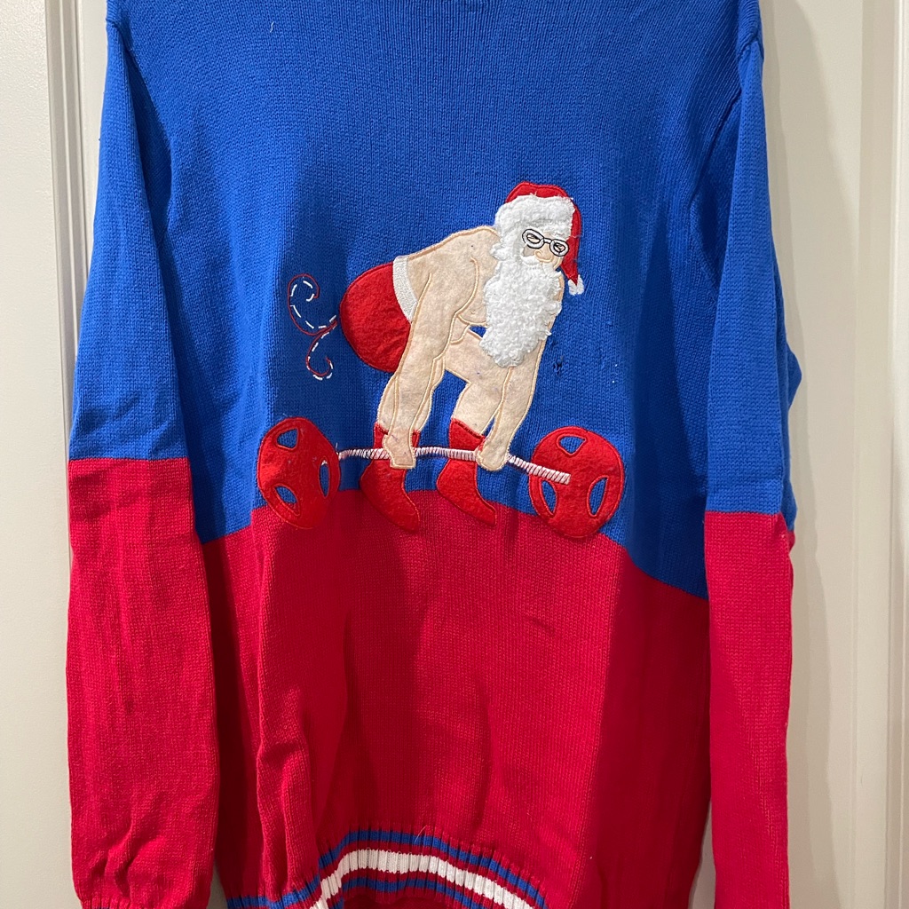 Blue And Red Santa Lifting Sweater
